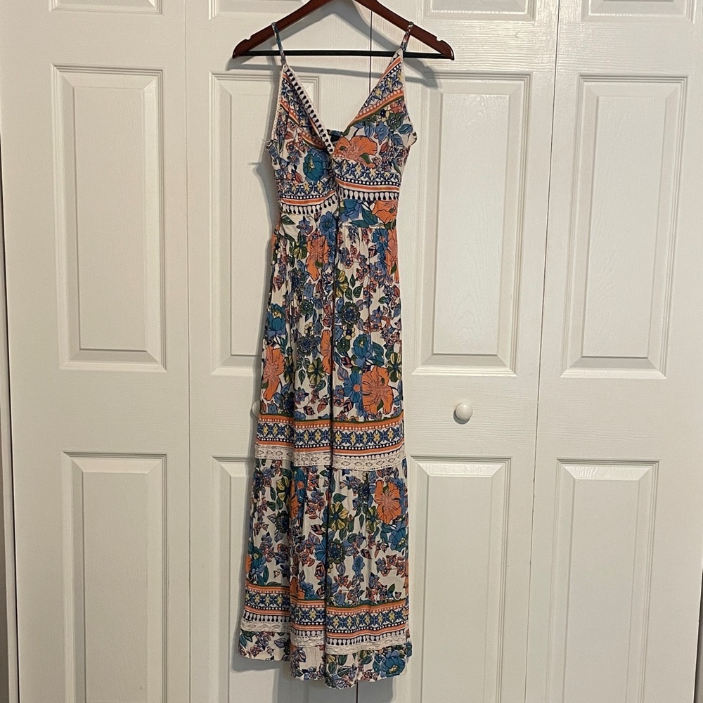 Blue and Orange Boho Floral Maxi Dress - Multicolor